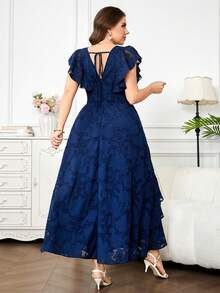 Reflora Vestido elegante de talla grande azul marino para invitada de boda de verano, con cuello en V, patchwork de malla, manga corta, unicolor, vestido formal de fiesta para mujer, madre del novio - Azul - Ver 4