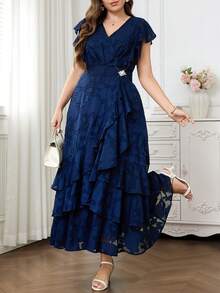 Reflora Vestido elegante de talla grande azul marino para invitada de boda de verano, con cuello en V, patchwork de malla, manga corta, unicolor, vestido formal de fiesta para mujer, madre del novio - Azul - Ver 7