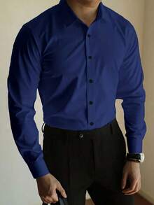 Manfinity Homme Plus Size Men's Casual Simple Front Button Long Sleeve Shirt, Suitable For Commuting & Business - Navy Blue - View 1