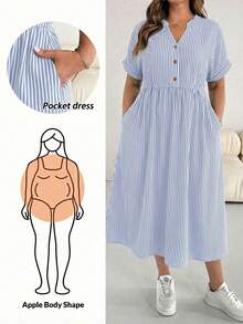 SHEIN Essnce Plus Size Summer Casual Striped Notched Neck Dress - Multicolor - View 1