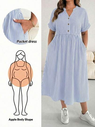 SHEIN Essnce Plus Size Summer Casual Striped Notched Neck Dress