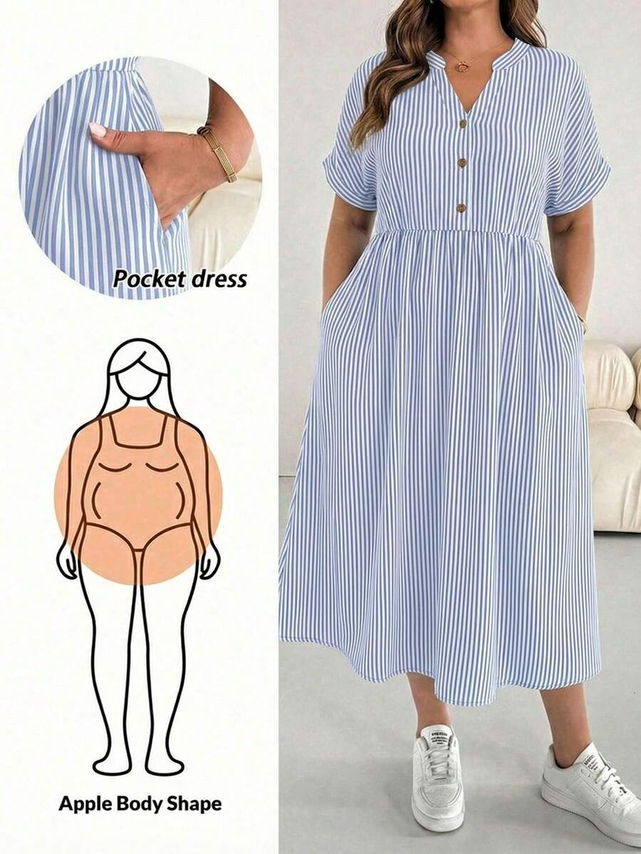 SHEIN Essnce Plus Size Summer Casual Striped Notched Neck Dress - Multicolor - View 1