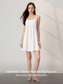 LUVLETTE Áo ngủ nữ màu trắng trơn, kiểu dáng tối giản, chất liệu cotton, xếp ly, dáng rộng, thoải mái, thích hợp mặc ở nhà. - trắng - Xem 7
