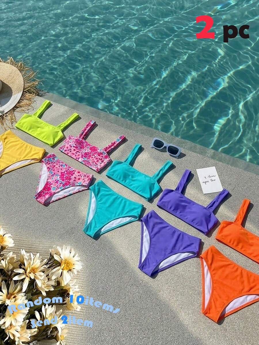SHEIN 少女夏季沙滩装套装，随机碎花印花。