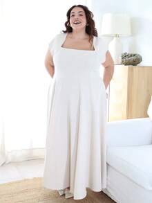 Pretty and Ole 優雅杏色大尺碼A字版梭織洋裝，方領小飛袖長版傘裙擺夏款 - 杏色 - 查看 6