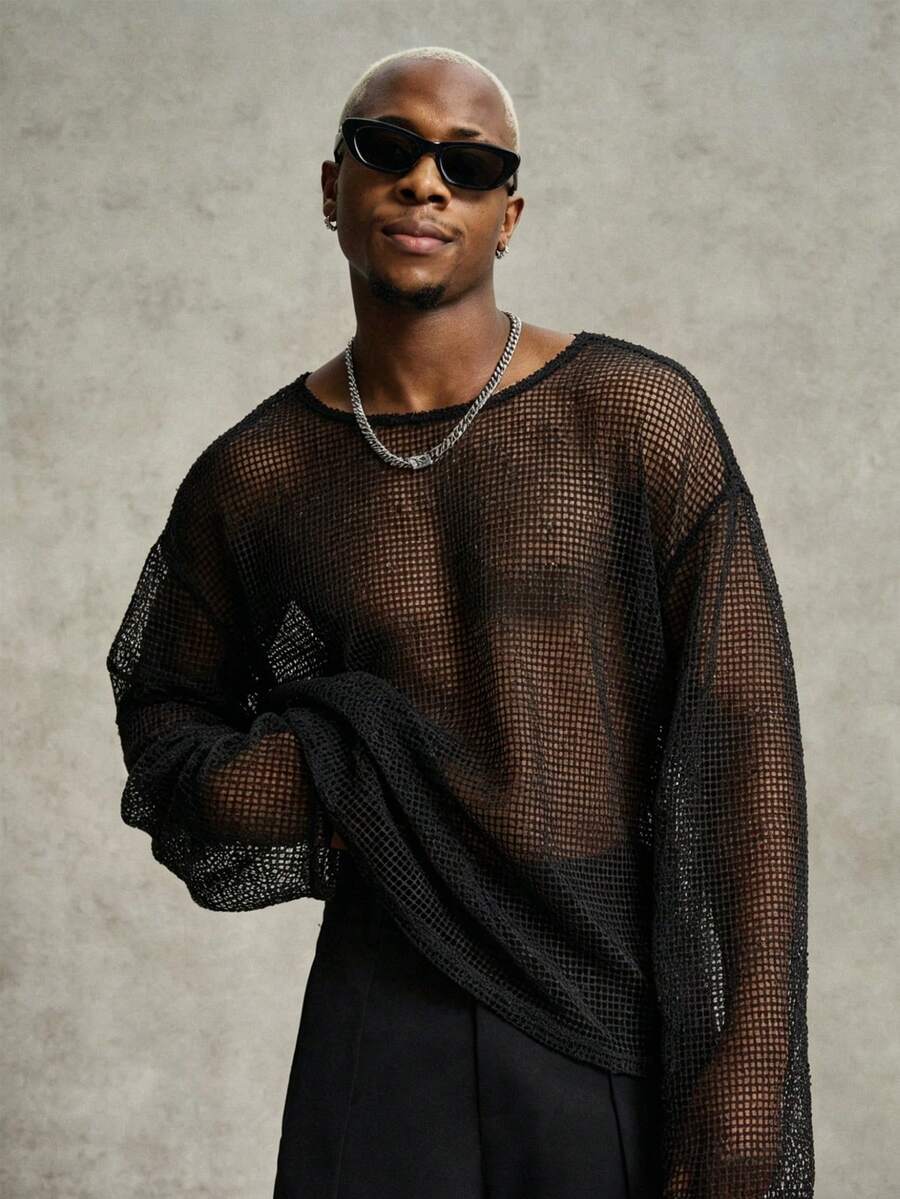 PAVTROS Men's Round Neck Long Sleeve Knitted Mesh T-Shirt, Suitable For Spring/Summer Casual Daily Life, Travel And Vacation Wear - Black - View 1