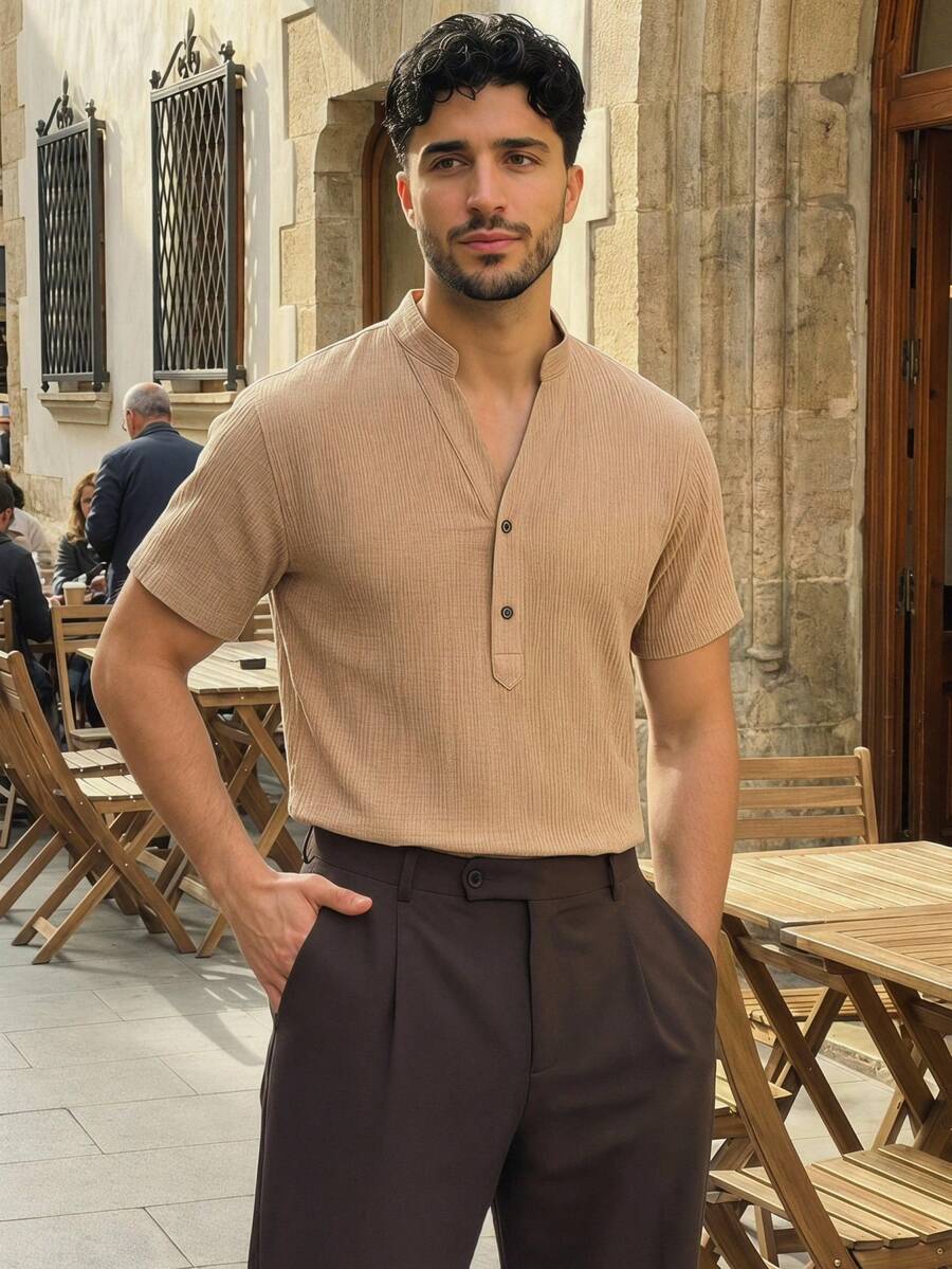 Manfinity VCAY Loose Fit Men's Solid Half Button Shirt - Khaki - View 1