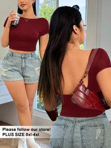 SHEIN EZwear Plus Size Wine Red Backless Tight Fitting Short Sleeve T-Shirt, Summer Fashion - Burgundy - View 1