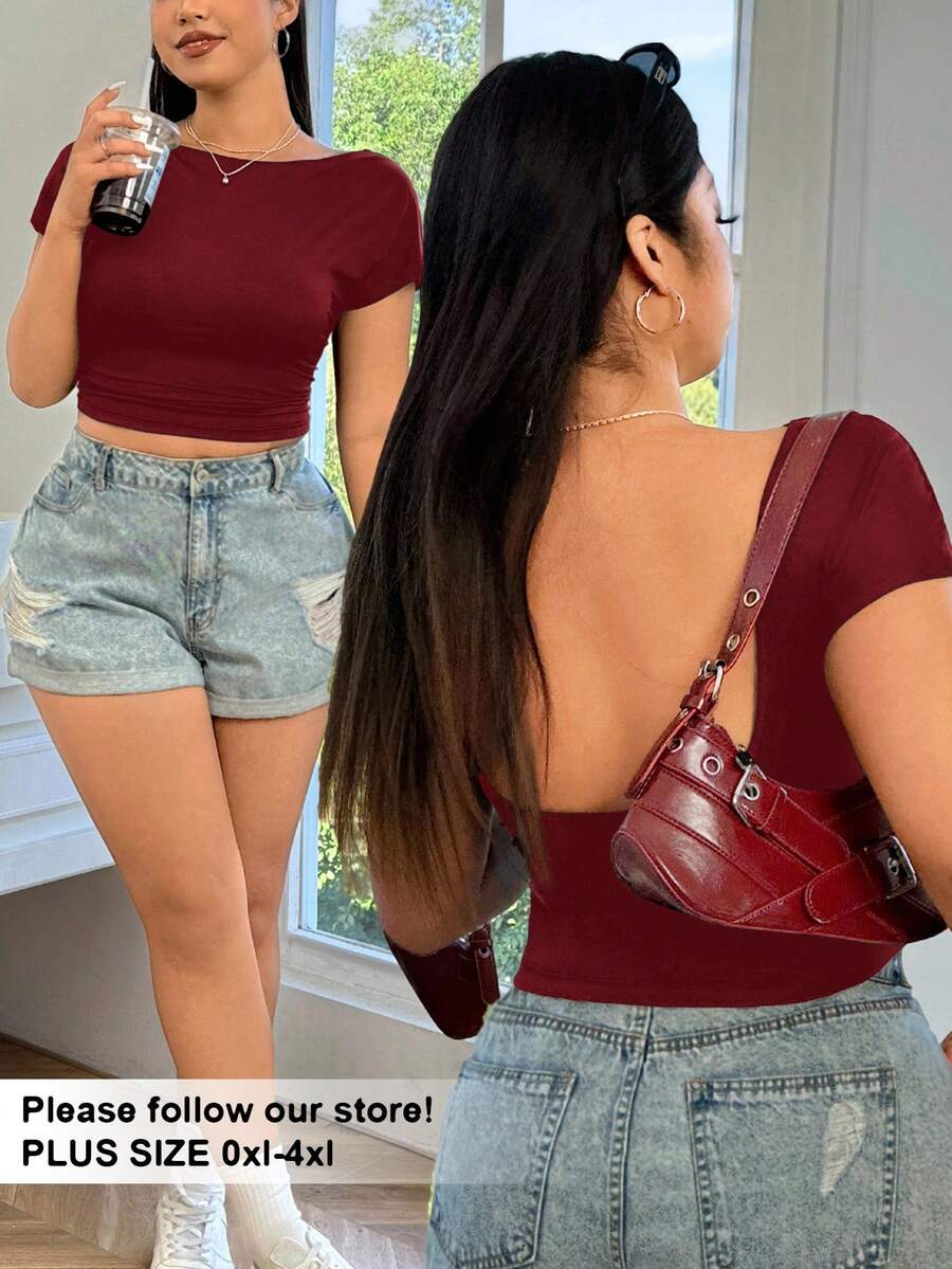 SHEIN EZwear Plus Size Wine Red Backless Tight Fitting Short Sleeve T-Shirt, Summer Fashion - Burgundy - View 1