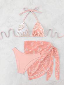 Swim Vcay Bộ bikini hai mảnh gợi cảm buộc dây cổ và quần tam giác dành cho nữ mùa hè đi biển, kèm váy ngắn. - Hồng - Xem 4