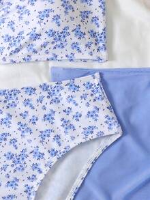 SHEIN 青少年女孩花卉海灘度假泳衣套裝，附外罩裙 - 藍色 - 查看 4