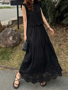 FRIFUL 女款花卉刺繡前綁帶上衣與百褶裙休閒兩件套夏季 - 黑色 - 查看 3
