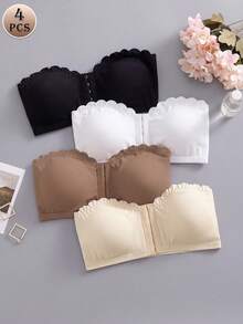 SHEIN Set de 4 sujetadores de mujer con cierre delantero, con volantes y acolchados, de estilo push-up y de colores variados - Multicolor - Ver 6