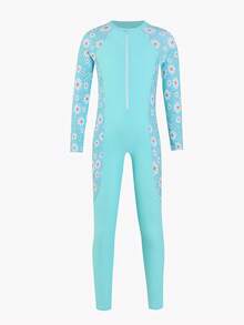 Young Girls One-Piece Swimsuit,Floral Patchwork Long Sleeve & Pants,Conservative Rash Guard Kids Swimsuits With Zipper For Summer,Beach,Holiday - Blue - View 3