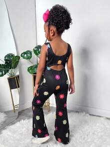 SHEIN Bộ áo hai dây và quần dài màu đen dệt kim hở lưng cho bé gái, trang phục thường ngày dễ thương, đa năng và thời trang. - màu đen - Xem 3