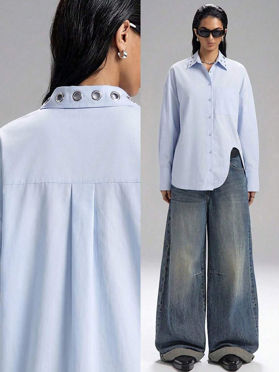 LYSMO 2025新款极简主义女式金属孔眼领不对称下摆宽松oversize衬衫,蓝色 - 藍色 - 查看 1