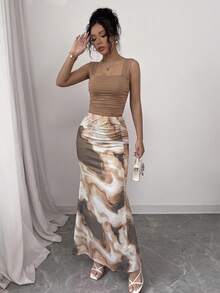 Elenzga Romantic Tie Dye Print Pleated Collar Camisole And Skirt 2 Pieces Set - Brown - View 3