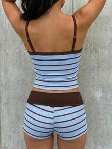 SHEIN EZwear 女士条纹拼接吊带背心和短裤两件套休闲装 - 藍色 - 查看 2