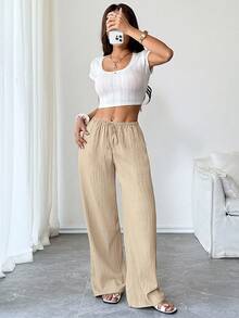 SHEIN Tall Quần ống rộng dáng suông màu trơn, thoải mái, thích hợp cho nữ đi nghỉ mát và đi làm, có túi hai bên. - Vàng nhạt - Xem 4
