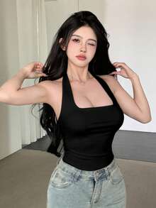 DAZY Women's Summer Solid Color Slim Fit Square Neck Halter Tank Top Going Out Tops Halter Top - Black - View 6