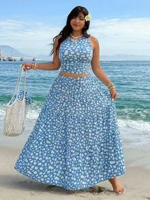 SHEIN EZwear 大码女式夏季雏菊印花修身露脐背心和迷你裙两件套 - 彩色 - 查看 1