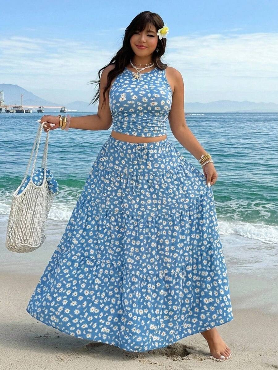 SHEIN EZwear 大码女式夏季雏菊印花修身露脐背心和迷你裙两件套 - 彩色 - 查看 1