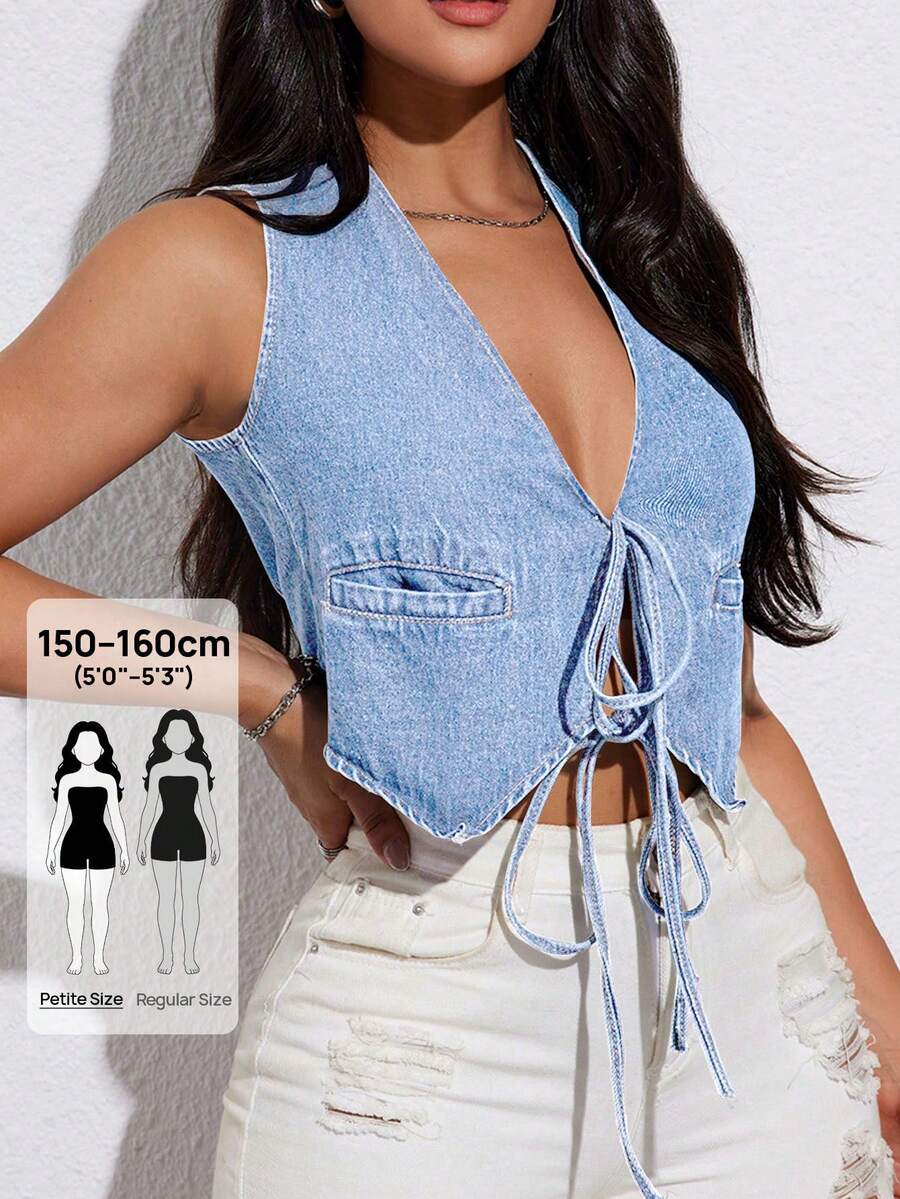 SHEIN PETITE Women's Lace-Up V-Neck Casual Denim Top, Versatile For Daily Wear Going Out Blue Summer - Light Wash - View 1
