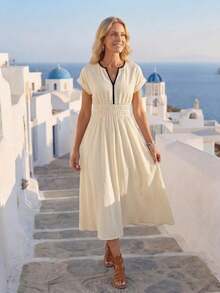 EMERY ROSE Women's V-Neck Short Sleeve Casual Mid-Length Dress - Khaki - View 3