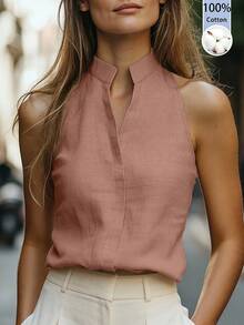 EMERY ROSE Women's Summer 100% Cotton Halter Top, Casual Sleeveless Shirt Blouse - Dusty Pink - View 1
