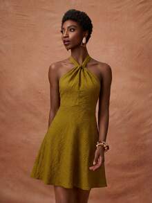 Zivah Women's Textured Pleated Halter Neck Tie Waist Dress, Elegant - Mustard Yellow - View 5
