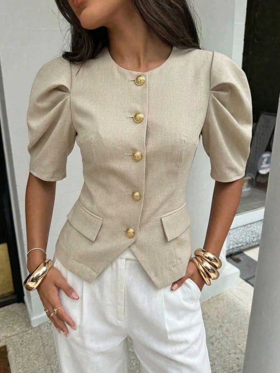 Aloruh Women's Spring/Summer Metal Decor Gigot Sleeve Blazer - Khaki - View 1