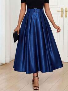 Fleurora Women's Elegant Solid Color Pleated Skirt, Suitable For Parties Carnival Women Carnival Costume Carnival Women Carnival Costume For Women Summer Dress Party Elegant Party Dresses Winter Dress Formal Dresses For Women Festival Outfits For Women Elegant Dresses For Women - Navy Blue - View 6