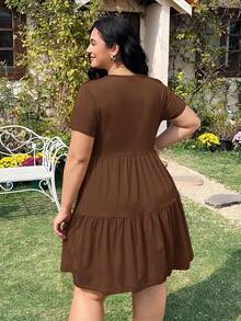 Solflare Black Short Sleeve Loose Fit Plus Size T-Shirt Dress, Spring Summer Clothes - Coffee Brown - View 2