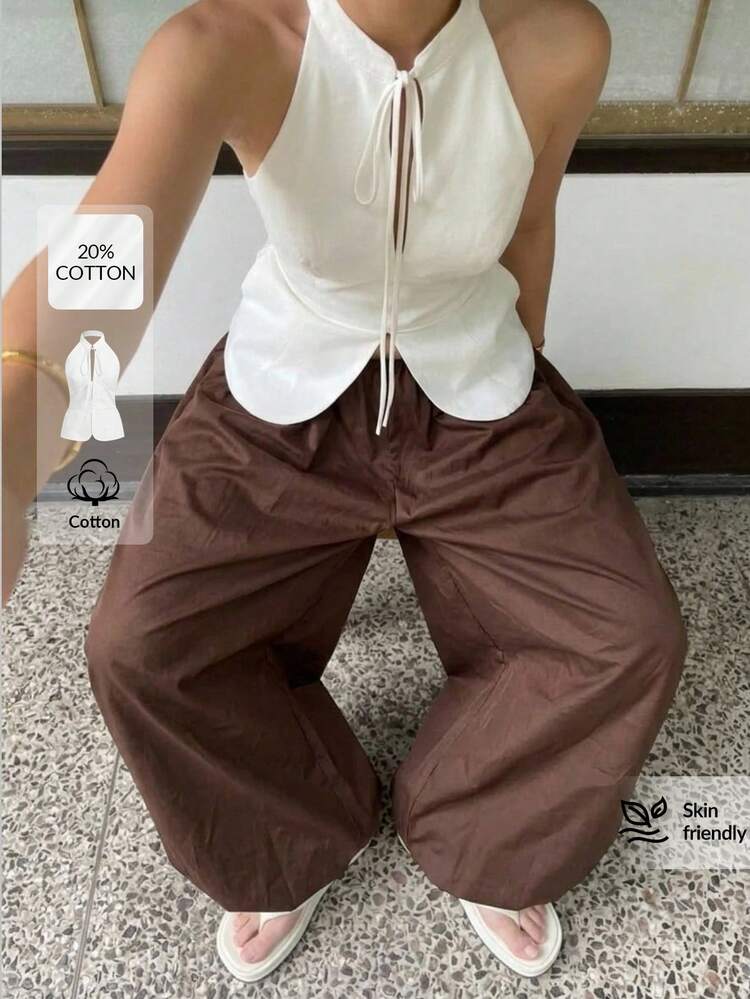 Women's Solid Color Front Tie Casual Halter Top All-Season Versatile Modern Urban Fashion Business Casual Women's Wear Office Attire Understated Old-Money Style, Elegant And Sophisticated, High-Quality Commuter And Airport Clothes Bohemian Style Vacation Outfits Seaside Women's Clothing, Country Music Concert Style, Western Style Clothing, Nomadic Casual Fashion Boho