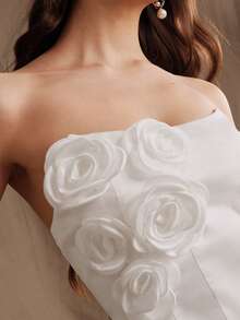 Anewsta Women's Waist Cinching Fitted Floral Decor Tube Top, Summer Graduation Guest White Elegant - White - View 2