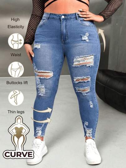 ​​Pantalones Vaqueros/Jeans Mujer Talla Grande: Roturas, Lavado Clásico, Bajos Desflecados, Ajustado Elástico, Sexy​​,​ Jeans ajustados elásticos con curvy
