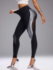 Innovista Innovista Kontrastfarbige Mesh-Patchwork-Skinny-Leggings mit hoher Taille - Schwarz - Übersicht 9