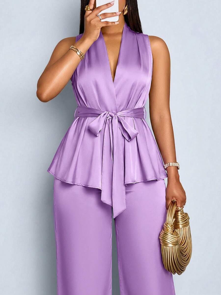 SOLERSUN 2pcs Women Plus Size Summer Solid Satin Sleeveless Knot Waist Top And Wide Leg Pants Set - Purple - View 1