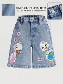 SHEIN Young Girl Distressed Denim Shorts With Vintage Relaxed Fit, Denim Snow Wash Finish, And Cute Duck Cartoon Print - Light Wash - View 4