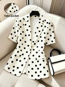 SHEIN Franclia Áo blazer nữ thanh lịch, cổ ve lật, tay ngắn, chấm bi. - Màu be - Xem 3