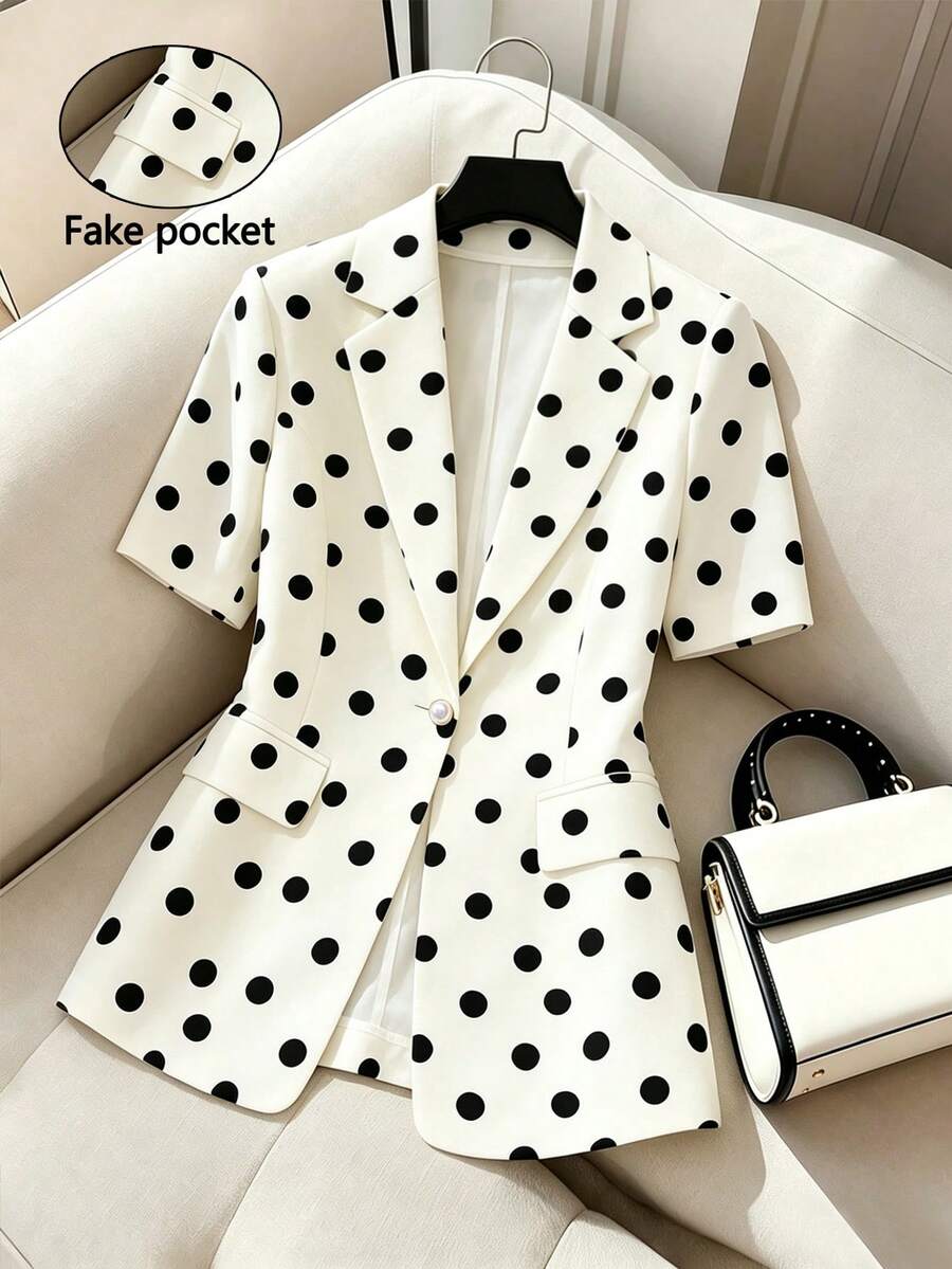 SHEIN Franclia 优雅女士波点翻领短袖西装外套 - 米色 - 查看 1