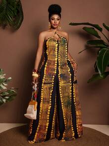 Maweii Mono sin mangas con cuello halter y estampado, adecuado para vacaciones y citas, talla grande - Dorado - Ver 3