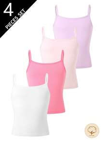 4pcs/Set Girls' Cotton Solid Color Camisole Undershirts, White, Pink, Light Purple, Burgundy, Simple & Versatile For All Seasons - Multicolor - View 4