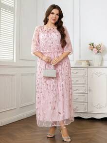 Reflora Đầm ngắn tay cổ tròn in hoa đính sequin dành cho nữ cỡ lớn, thanh lịch. - Hồng - Xem 5