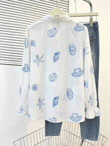 Lacomfia 休闲简约贝壳和海星印花长袖修身常规款衬衫，大码，春夏款 - 彩色 - 查看 2
