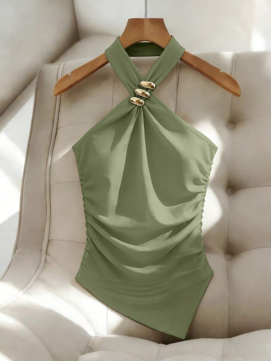 Franclia 鼠尾草綠金屬裝飾無袖短版上衣,針織修身夏季休閒性感背心,不對稱下擺,適合早午餐與夜晚外出 - 薄荷綠 - 查看 1