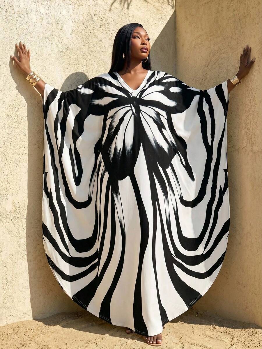 Radiana Plus Size Women's Autumn Boho Sailor Tropical Elegant All White Dress, Casual Vacation One-Piece For Island Holiday, Cruise Travel, Al-Adha Wedding - Black and White - View 1