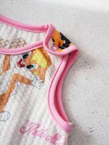LOONEY TUNES X SHEIN Bộ áo liền quần không tay in hình động vật hoạt hình cho bé gái. - Màu Hồng baby - Xem 4