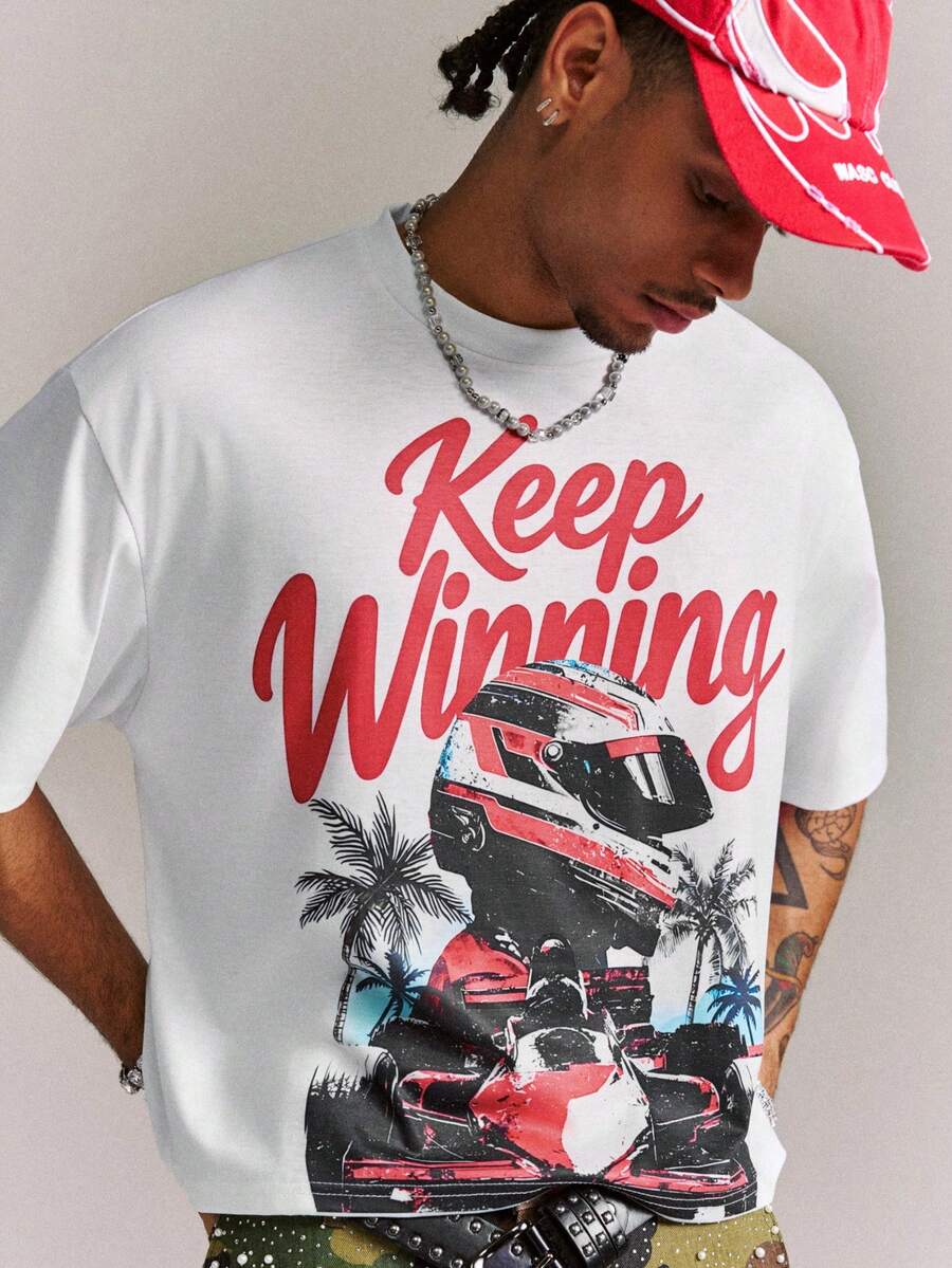 Manfinity Roghcode Men's Street Style Graphic T-Shirt, Racing Inspired Print Cropped Tee, Casual Summer Wear, Fashionable Choice - White - View 1