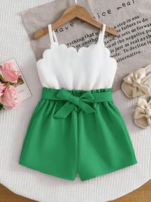 SHEIN Young Girl Cute Summer White Camisole Elastic Waist Jumpsuit - Green - View 1